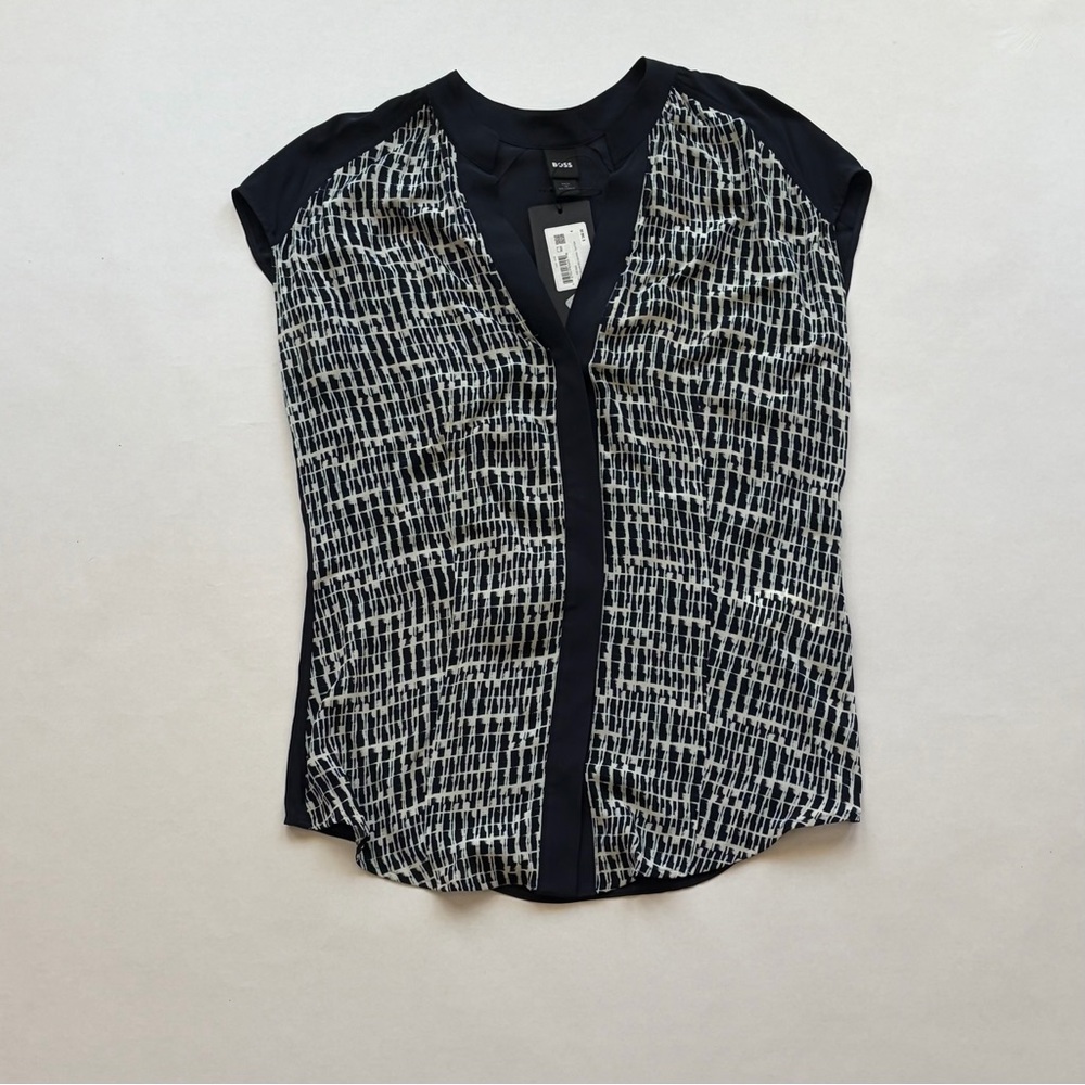 Boss Navy & White Printed Cap-Sleeve Blouse-size 4